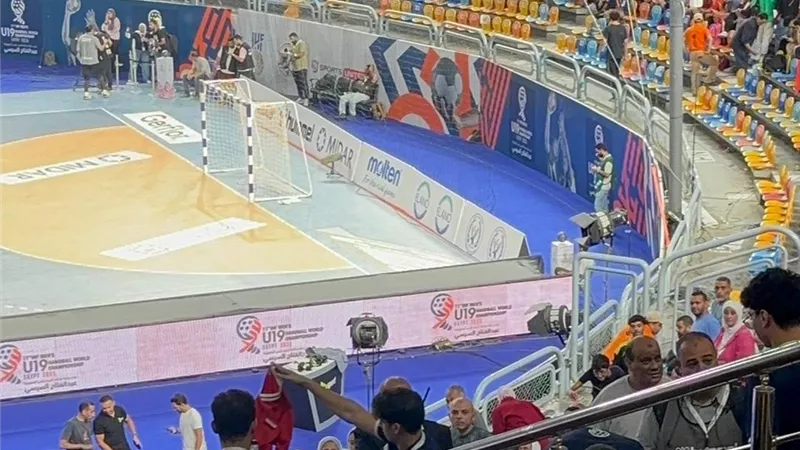 اللجنة المنظمة توزع قميص منتخب الناشئين على الجماهير في المدرجات قبل لقاء الدنمارك بمونديال اليد