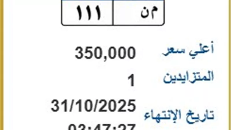 المزاد لسه شغال.. 350 ألف جنيه حتى الآن ثمن لوحة مرورية برقم مميز