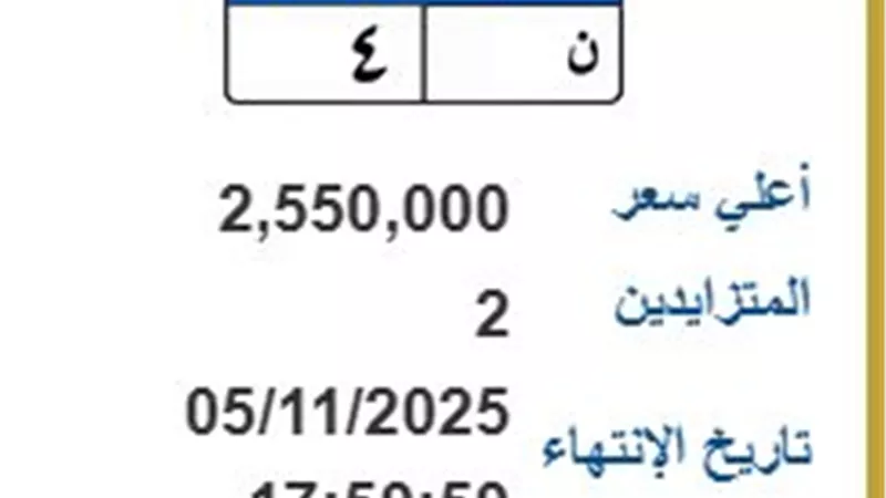 لوحة معدنية «ن 4» تشعل المزاد الإلكتروني ..والمزايدة مستمرة حتى 5 نوفمبر