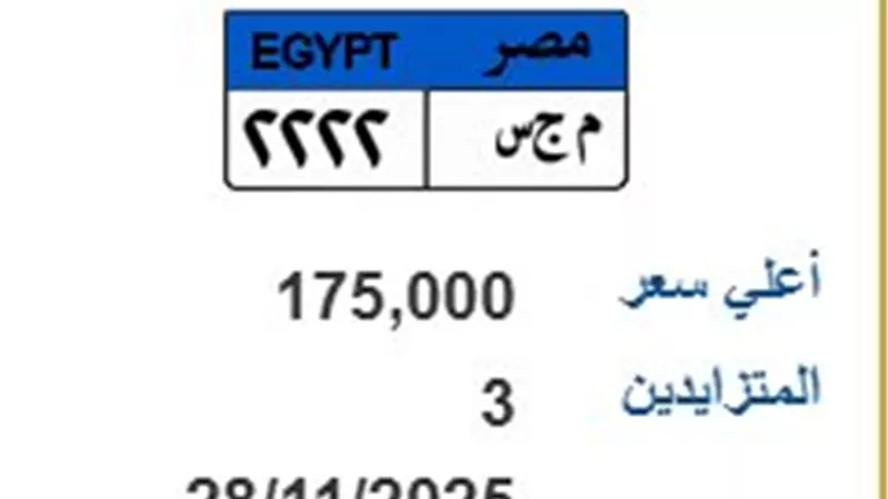 175 ألف جنيه وسعر يتصاعد.. 3 أشخاص يتنافسون على لوحة “م ج س 2222”
