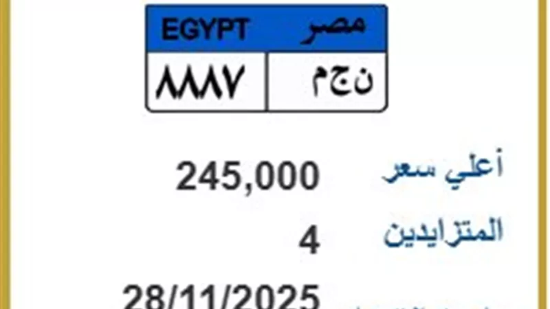 طرح لوحة «ن ج م 8887» عبر المزايدة بسعر 245 ألف جنيه