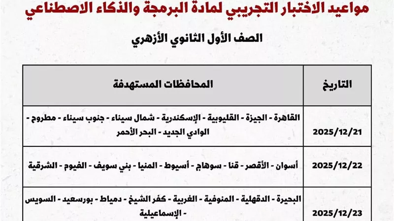اختبار تجريبي للصف الأول الثانوي الأزهري في مادة البرمجة والذكاء الاصطناعي