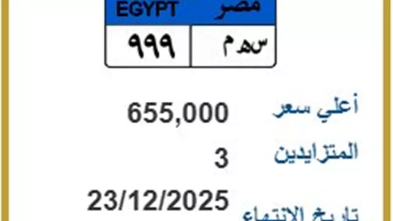 سباق شرس على لوحة «س ه م 999».. 3 أشخاص  يشعلان مزاد 655 ألف جنيه