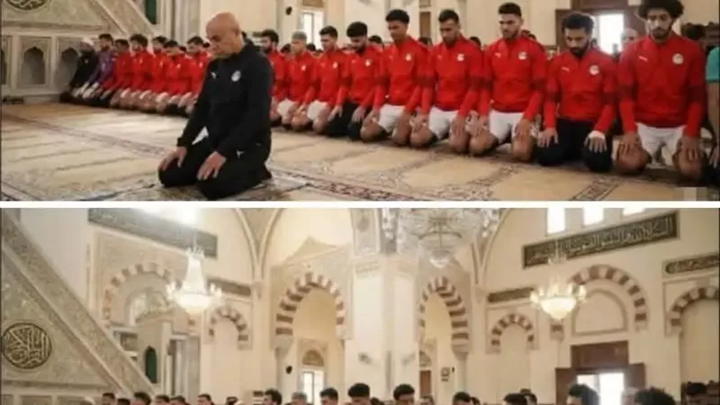 حقيقة صورة أداء لاعبي منتخب مصر صلاة الجمعة بالشورت