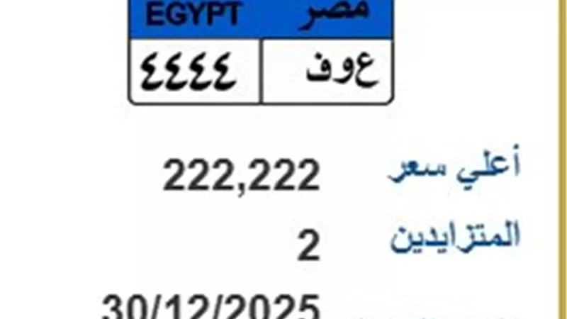 اشتعال المزاد على اللوحة المعدنية «ع و ف 4444» والسعر يتجاوز 222 ألف جنيه