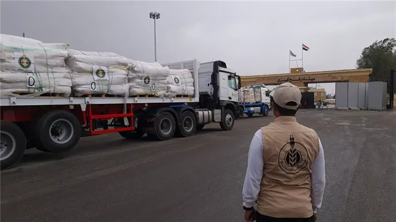 دخول القافلة الإغاثية الثالثة عشر إلى غزة عبر ميناء رفح.. صور