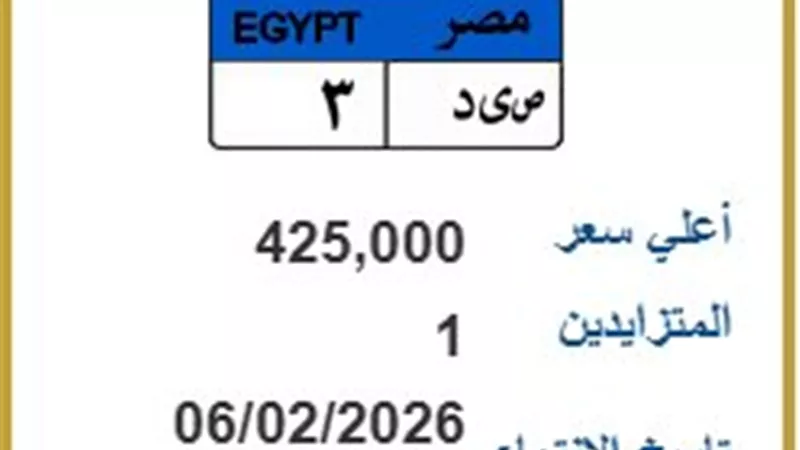 «ص ى د 3» المرور يطرح لوحة معدنية للتزايد.. ثمنها 425 ألف جنيه