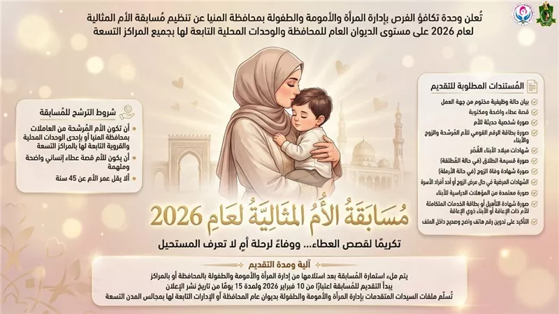 فتح باب التقديم على مسابقة «الأم المثالية» لموظفات ديوان محافظة المنيا