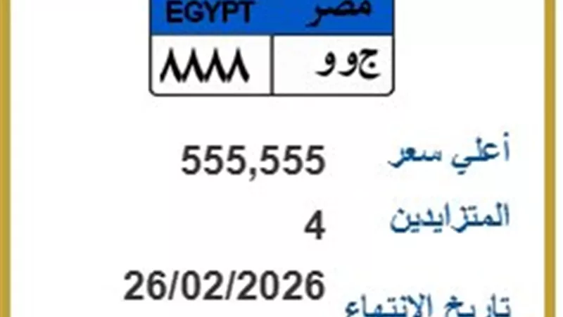 بـ 555 ألف جنيه.. «ج و و8888» تشعل المنافسة في مزاد اللوحات المعدنية