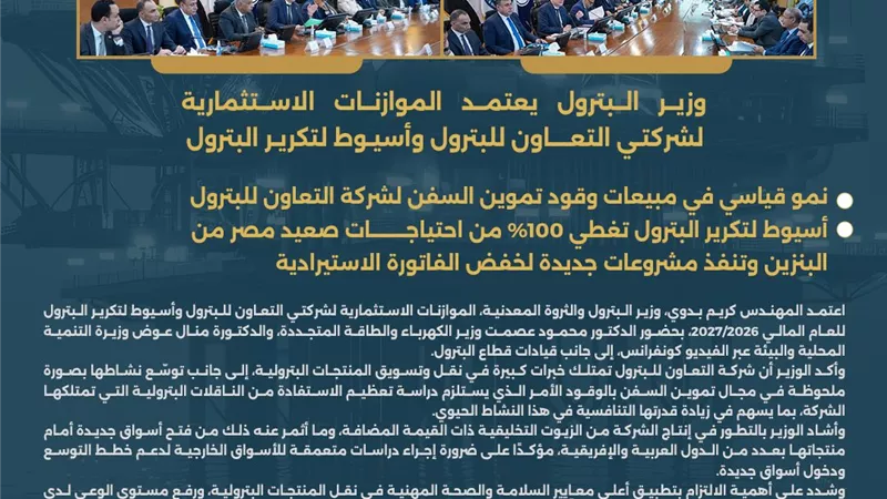 اعتماد الموازنات الاستثمارية لشركتي التعاون للبترول وأسيوط لتكرير البترول
