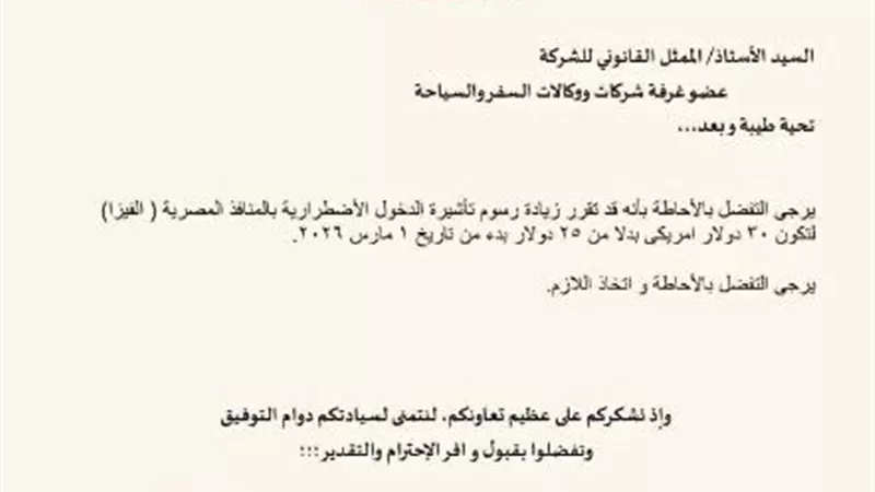 بدء تطبيق زيادة رسوم التأشيرة الاضطرارية إلى مصر إلى 30 دولارًا غدا