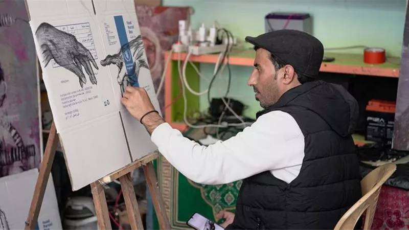 يؤرخون مجاعتهم.. فنان فلسطينى يرسم 40 لوحة على صناديق المساعدات 