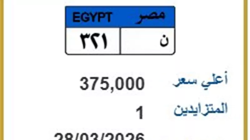 بـ 375 ألف جنيه.. لوحة السيارة «ن 321» تشعل مزاد اللوحات