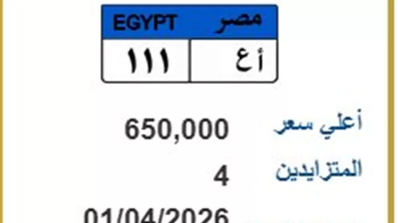 بـ 650 ألف جنيه.. لوحة السيارة «أ ع 111» تشعل مزاد اللوحات