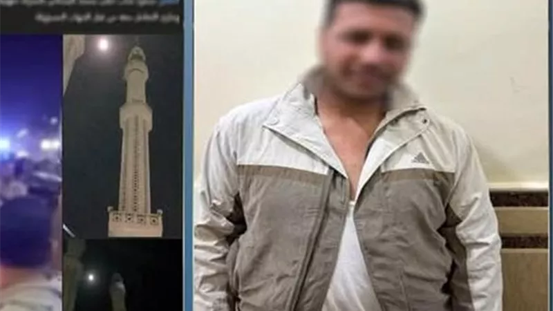 لحظات رعب أعلي المئذنه.. شخص يثير الزعر ويلقي حجارة على المارة بالدقهلية