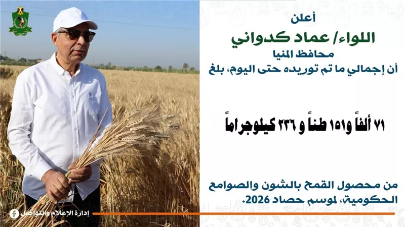 محافظ المنيا: توريد 71 ألف طن قمح للصوامع والشون منذ بدء موسم 2026