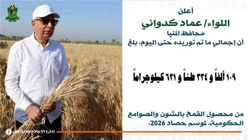 محافظ المنيا: حصاد التوريد يتجاوز 109 آلاف طن قمح منذ بداية موسم 2026