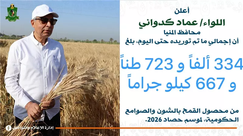 محافظ المنيا: حصاد التوريد يتجاوز 334 ألف طن قمح منذ بداية موسم 2026