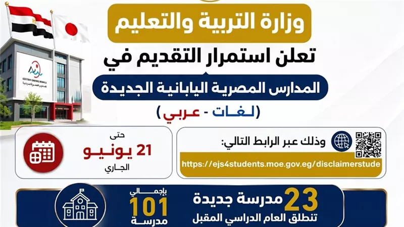 التعليم: استمرار التقديم بالمدارس المصرية اليابانية الجديدة حتى 21 يونيو