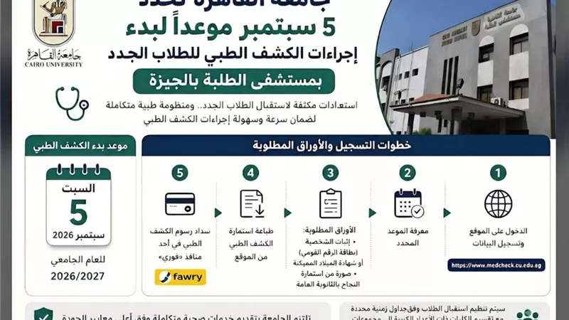 جامعة القاهرة: 5 سبتمبر بدء الكشف الطبي للطلاب الجدد بمستشفى الطلبة 
