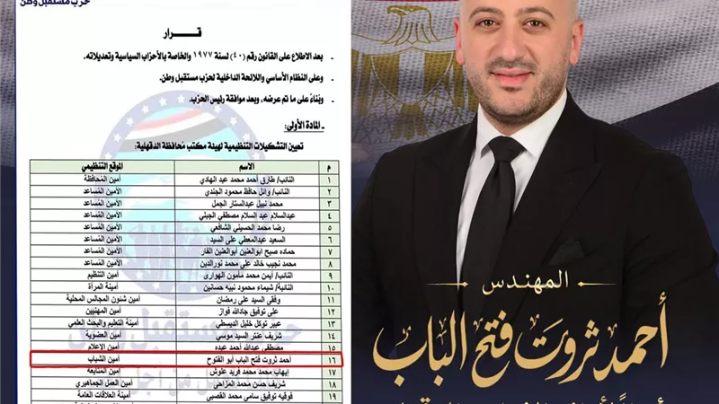 أحمد ثروت فتح الباب أمينًا للشباب بحزب مستقبل وطن في الدقهلية