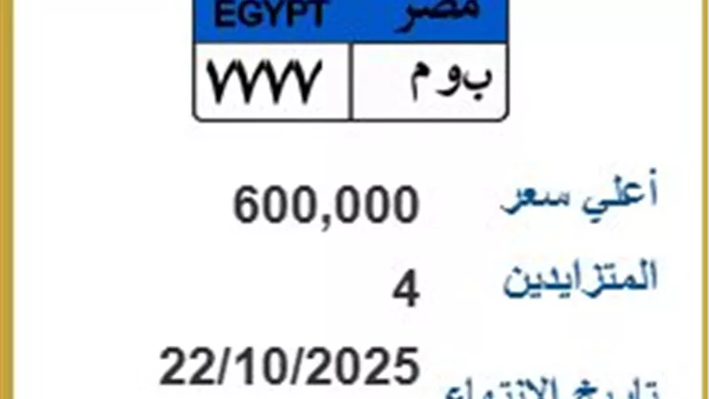 صراع الـ 600 ألف جنيه على لوحة «ب و م 7777».. 4 متنافسين يشعلون المزاد