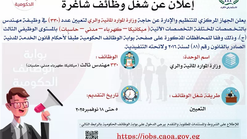 7 شروط.. فتح باب التقديم على 330 وظيفة مهندس بوزارة الري